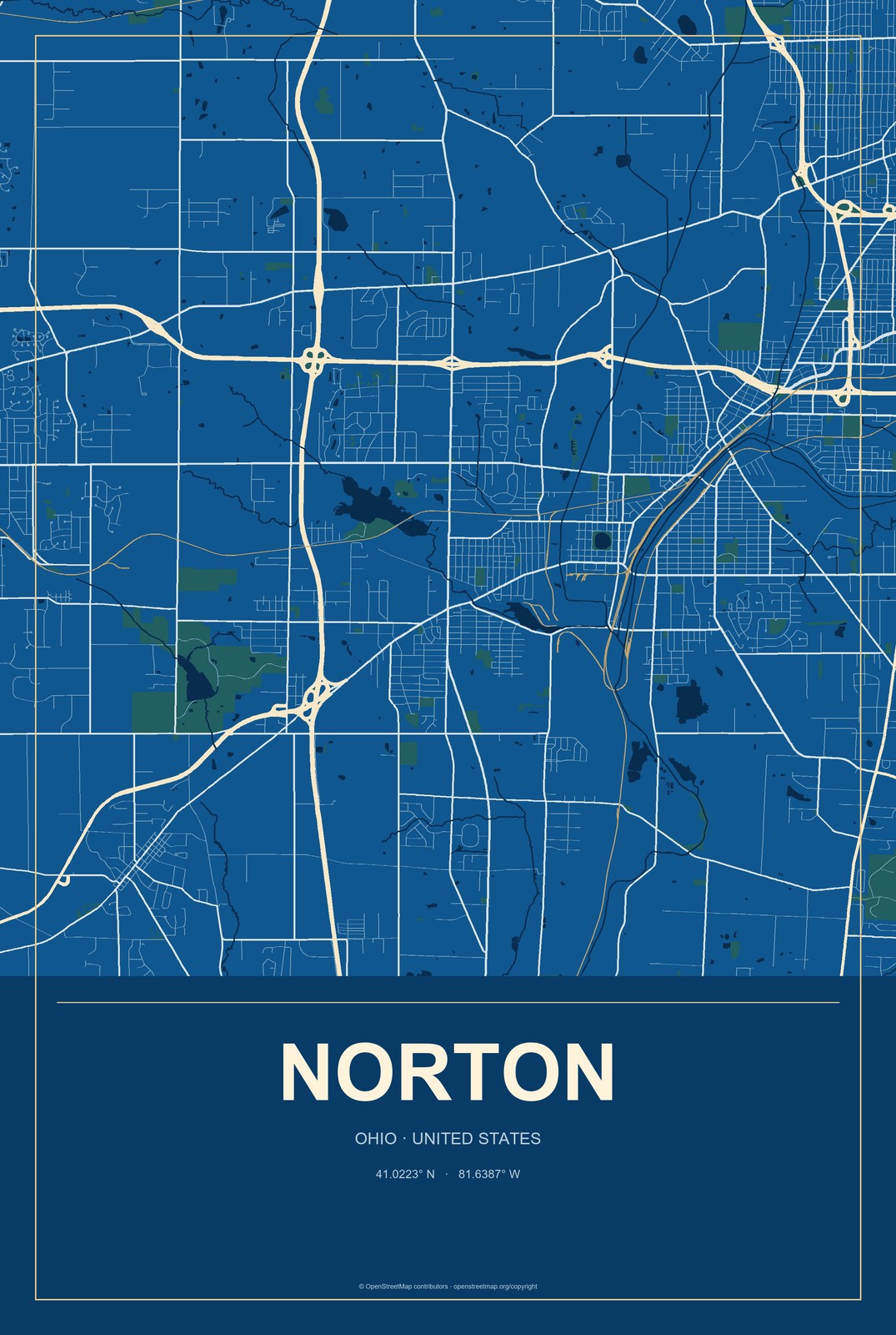 Norton, Ohio City Map Aluminum Sign in Harbor Cobalt style