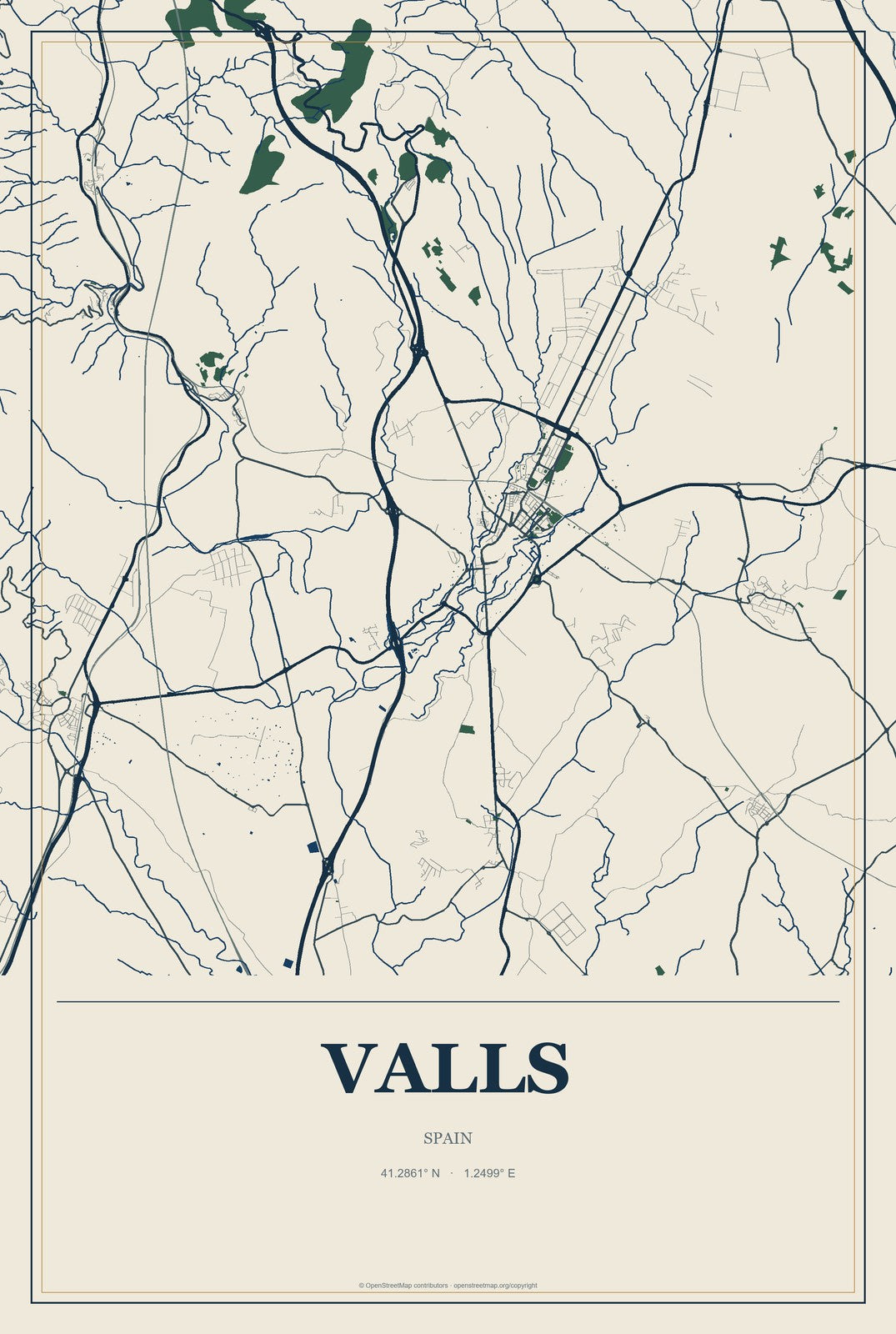 Valls, Spain City Map Aluminum Sign in Coastal Cutout style