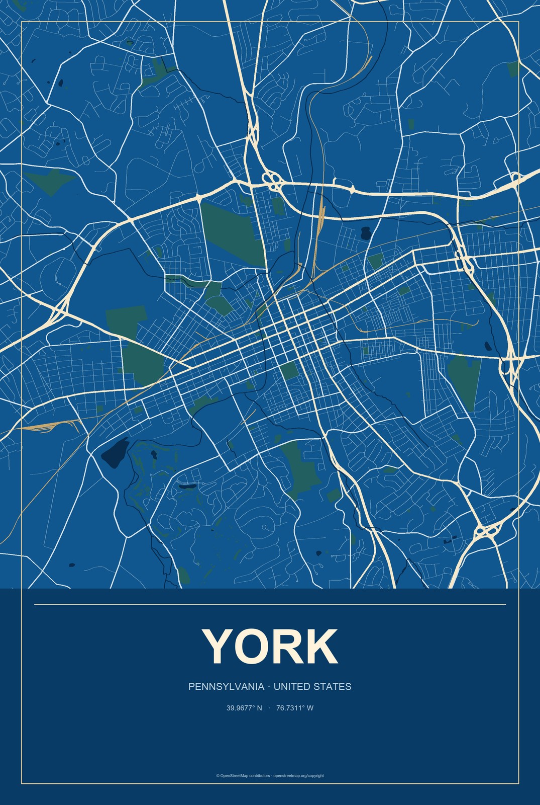York, Pennsylvania City Map Aluminum Sign in Harbor Cobalt style