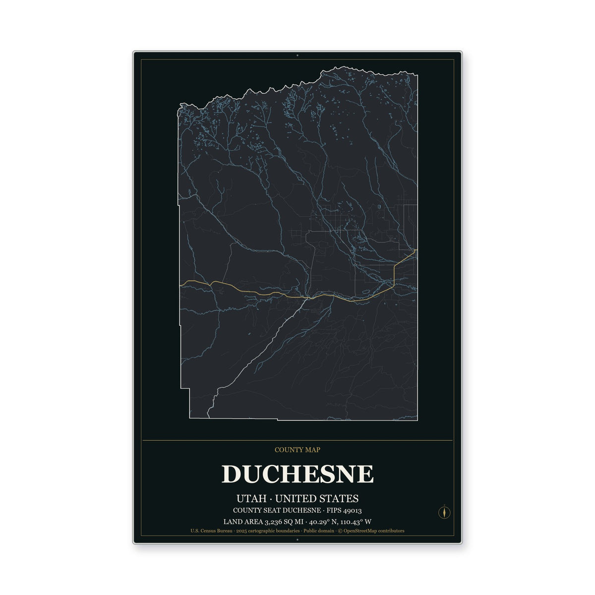 Duchesne County, Utah Map Aluminum Sign in Metropolitan Noir style