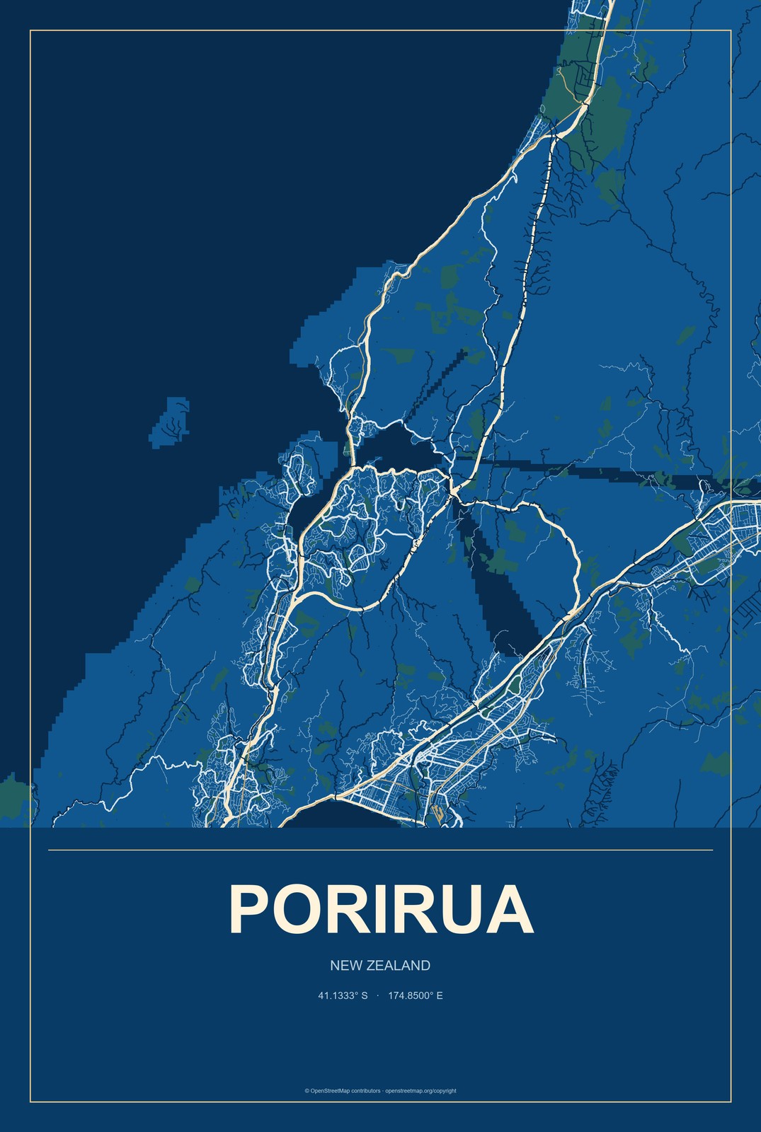 Porirua, New Zealand City Map Aluminum Sign in Harbor Cobalt style