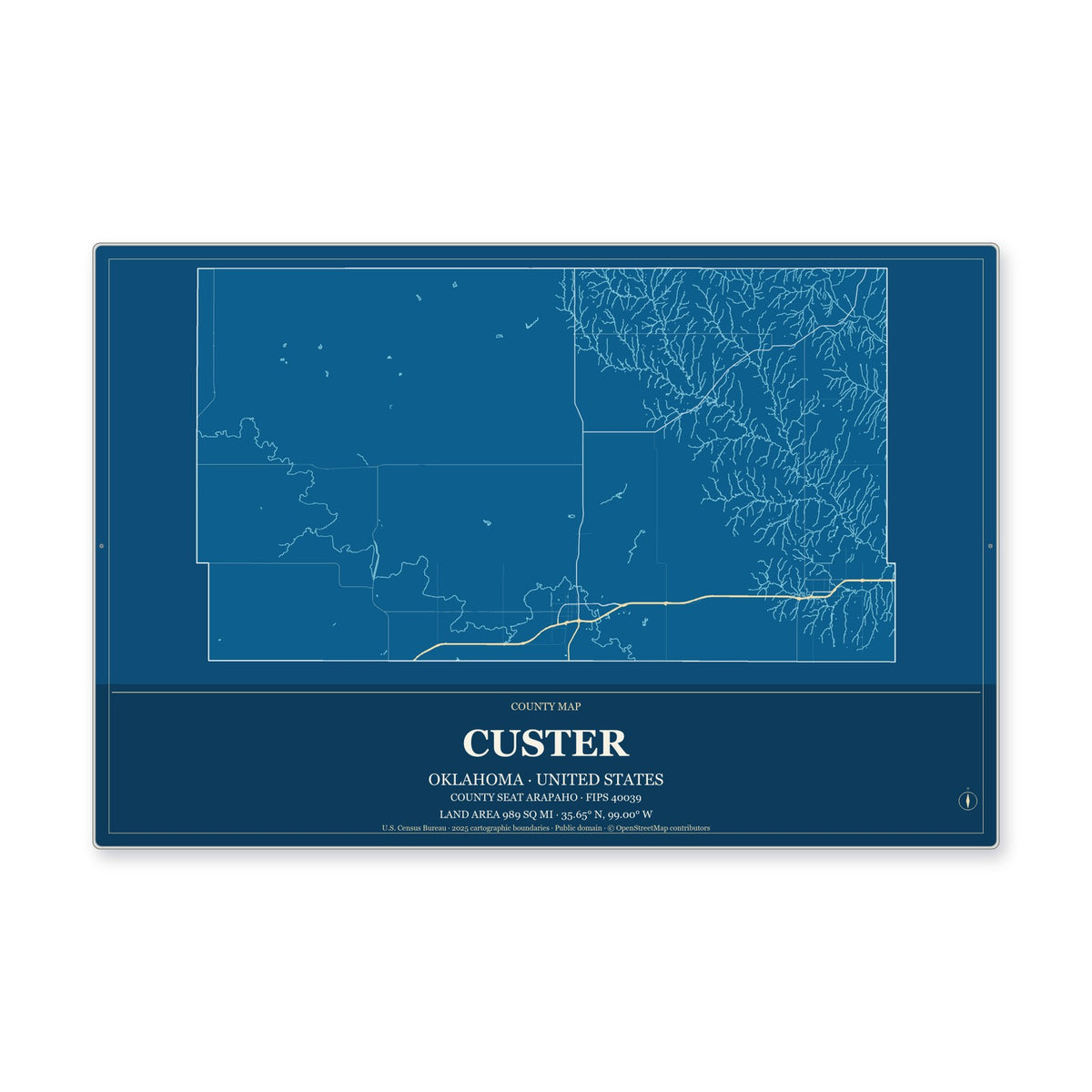 Custer County, Oklahoma Map Aluminum Sign in Harbor Cobalt style
