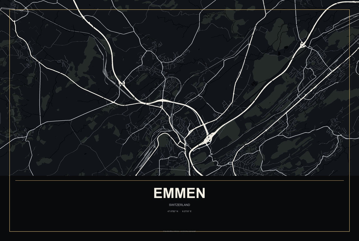Emmen, Switzerland City Map Aluminum Sign in Metropolitan Noir style