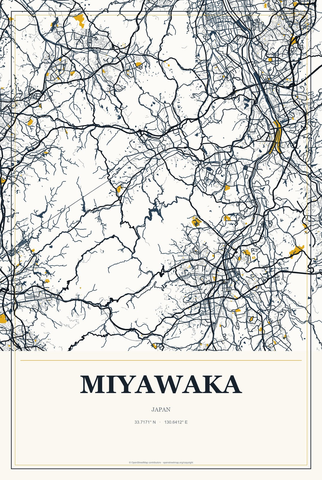 Miyawaka, Japan City Map Aluminum Sign in Citrine Modern style