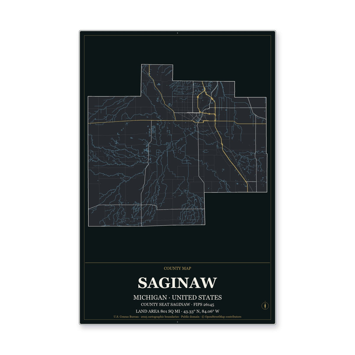 Saginaw County, Michigan Map Aluminum Sign in Metropolitan Noir style