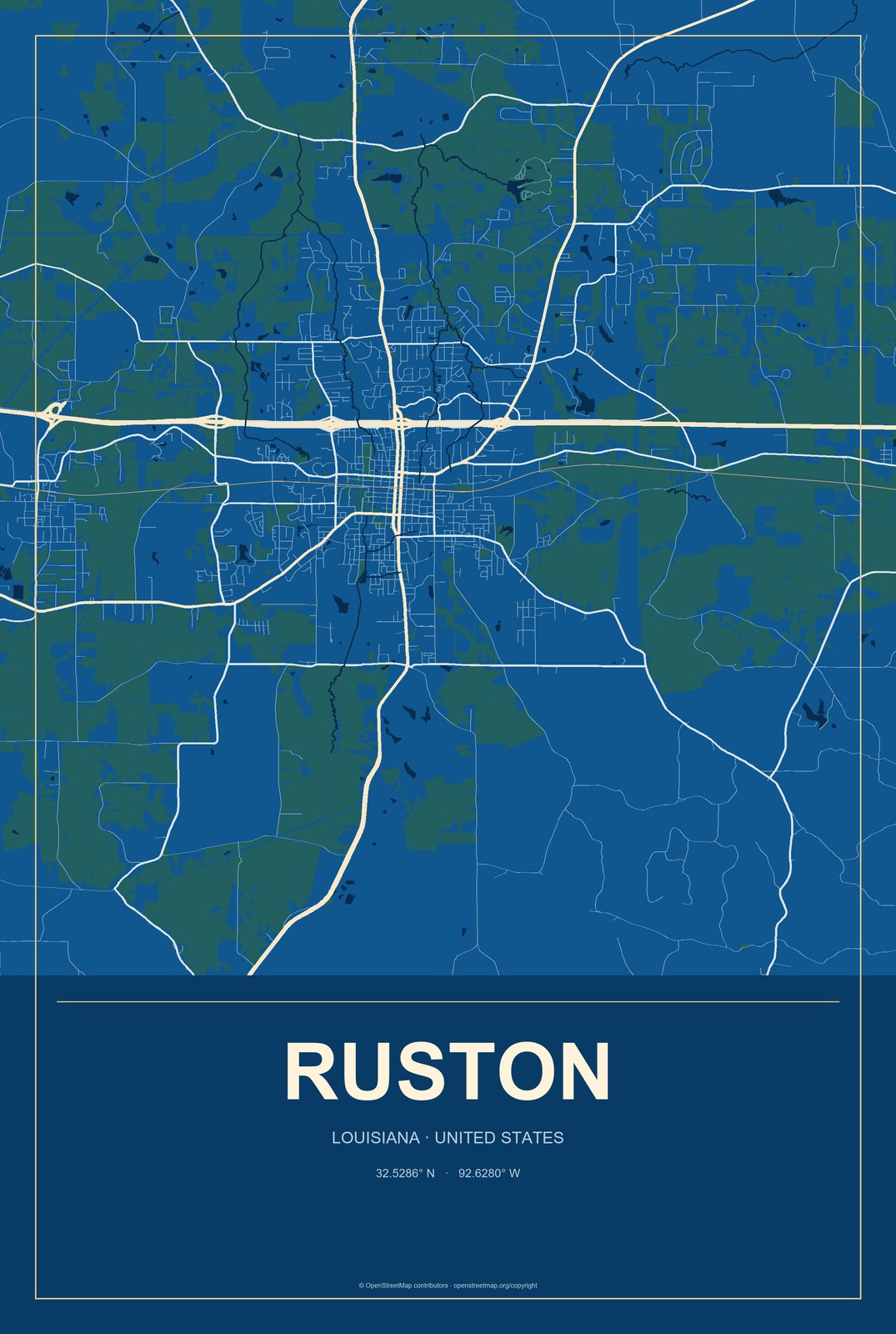 Ruston, Louisiana City Map Aluminum Sign in Harbor Cobalt style