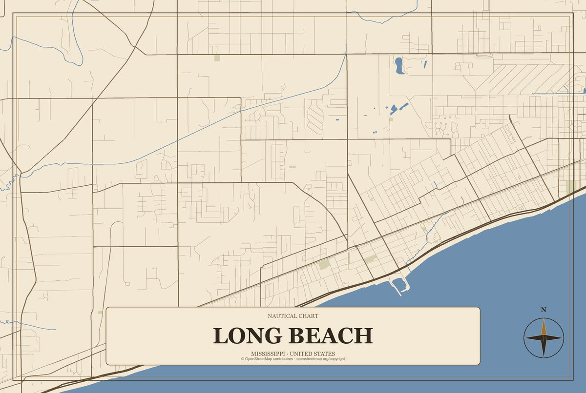 Long Beach, Mississippi City Map Aluminum Sign in Heritage Nautical style