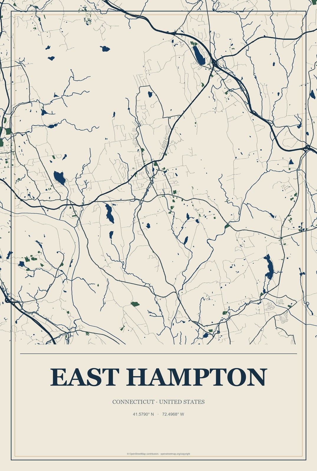 East Hampton, Connecticut City Map Aluminum Sign in Coastal Cutout style