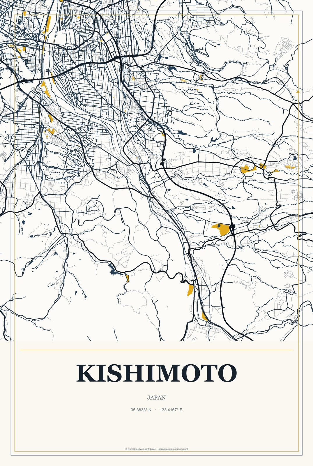 Kishimoto, Japan City Map Aluminum Sign in Citrine Modern style
