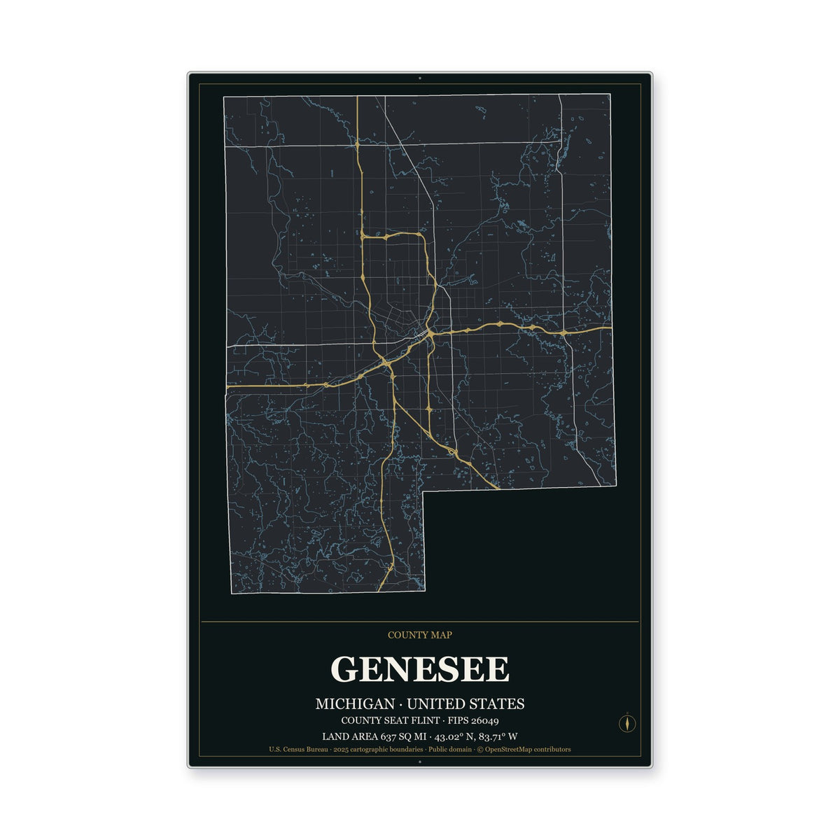 Genesee County, Michigan Map Aluminum Sign in Metropolitan Noir style