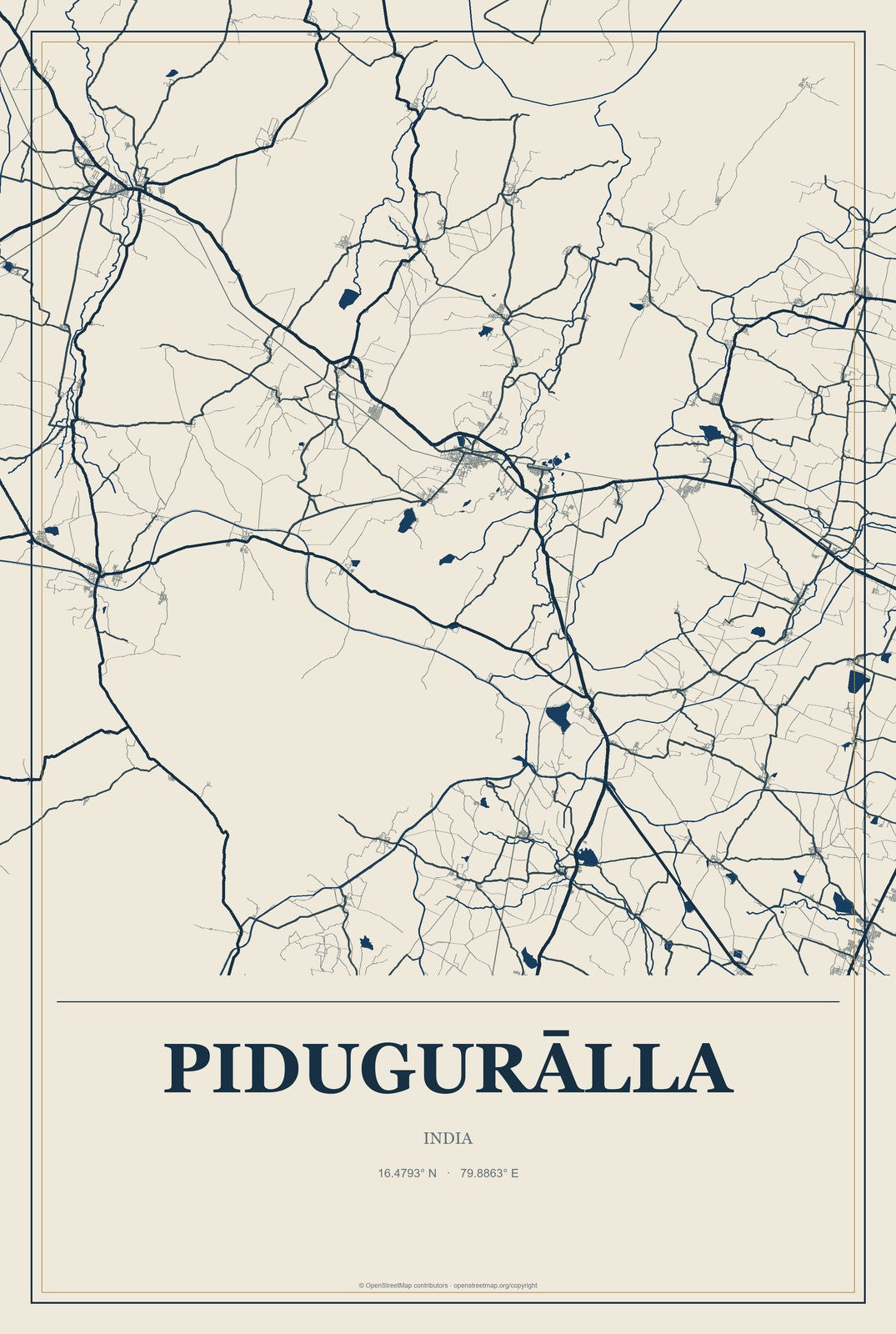 Pidugurālla, India City Map Aluminum Sign in Coastal Cutout style