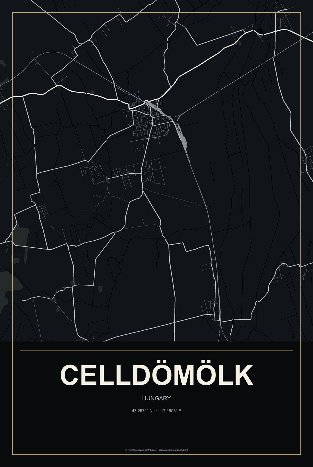 Celldömölk, Hungary City Map Aluminum Sign in Metropolitan Noir style