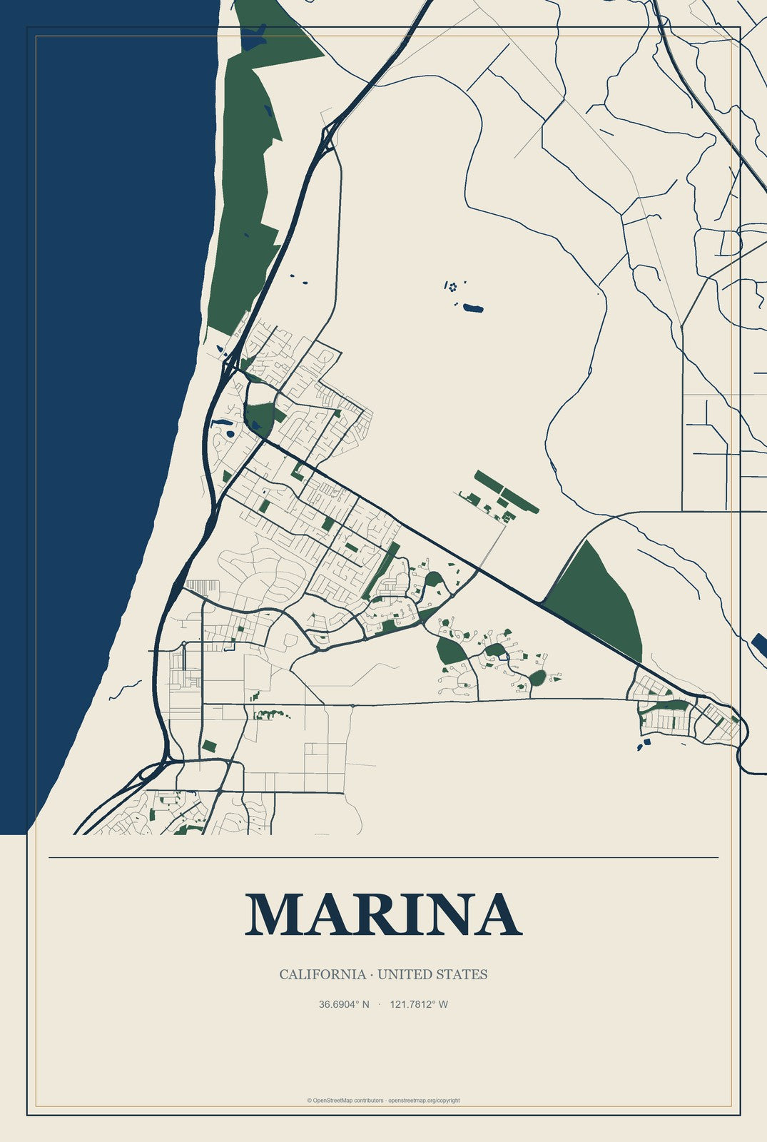 Marina, California City Map Aluminum Sign in Coastal Cutout style