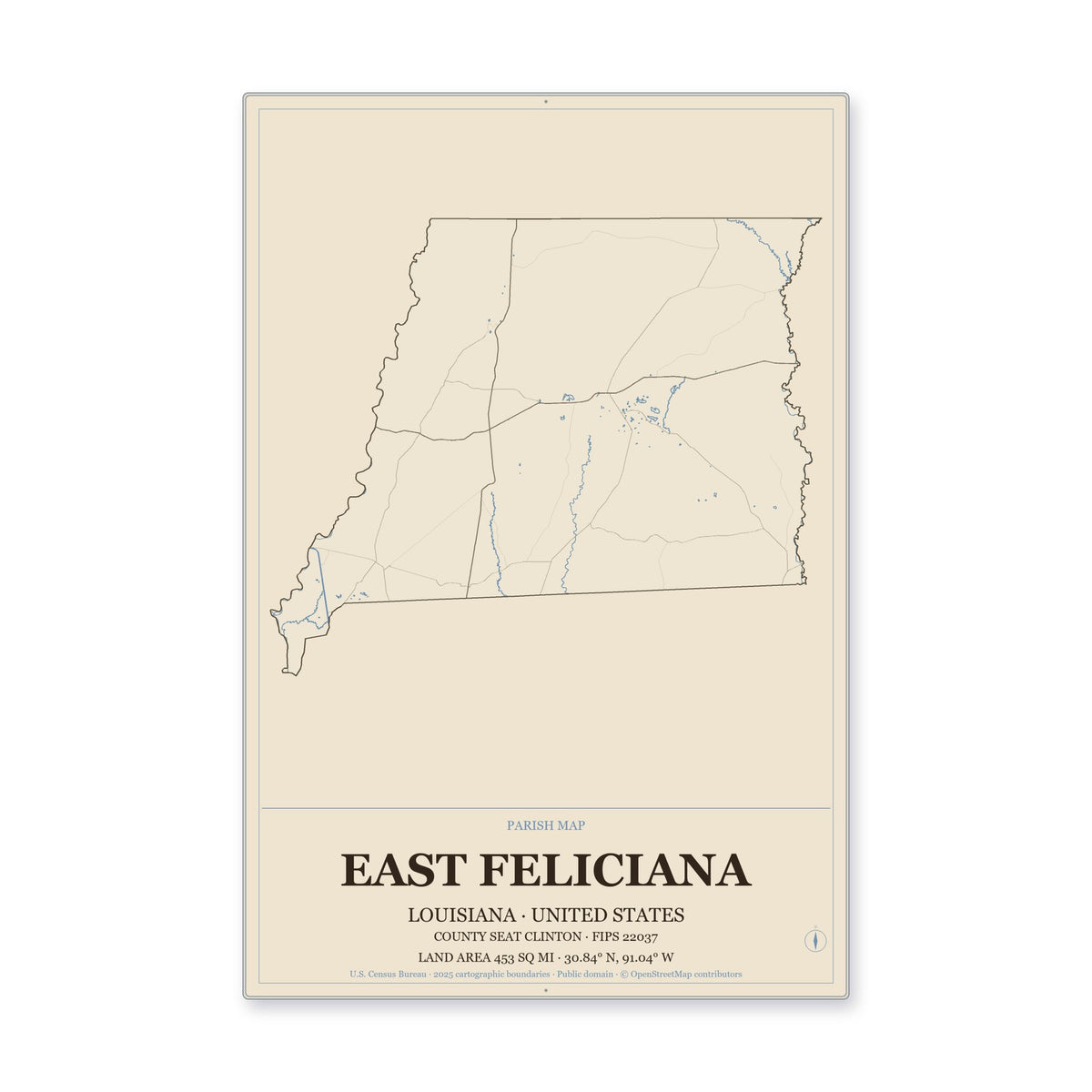 East Feliciana Parish, Louisiana Map Aluminum Sign in Heritage Nautical style