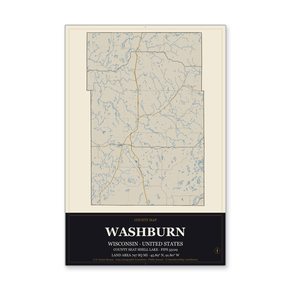 Washburn County, Wisconsin Map Aluminum Sign in Museum Plaque style