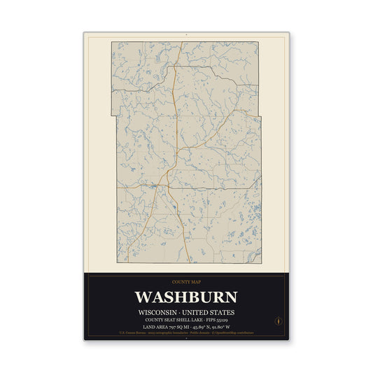 Washburn County, Wisconsin Map Aluminum Sign in Museum Plaque style