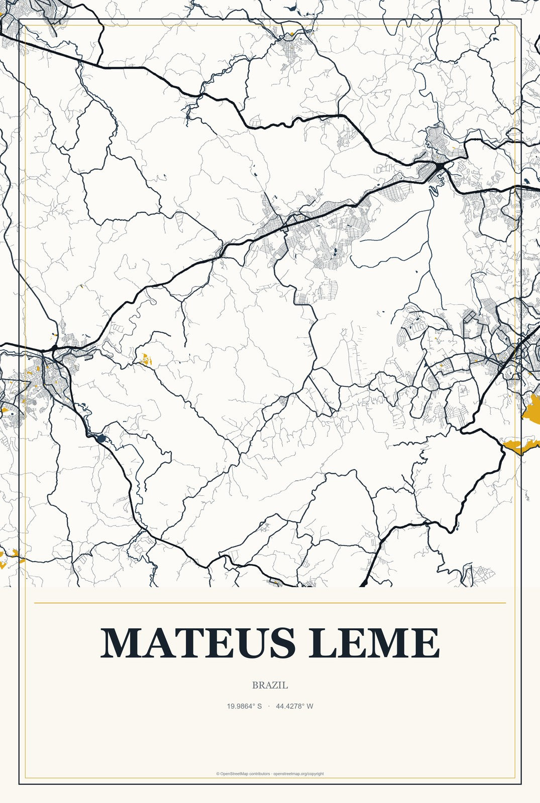 Mateus Leme, Brazil City Map Aluminum Sign in Citrine Modern style