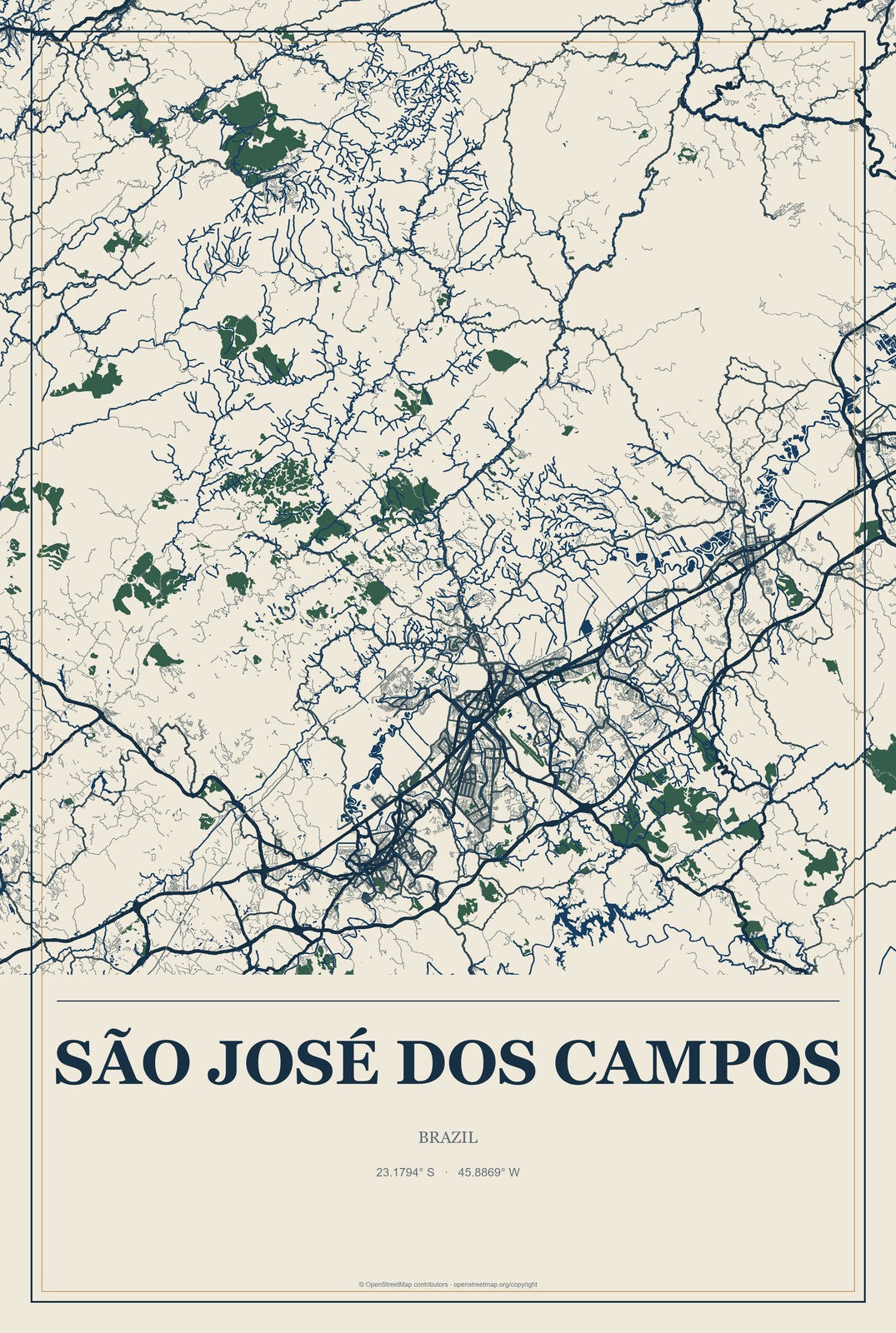 São José dos Campos, Brazil City Map Aluminum Sign in Coastal Cutout style