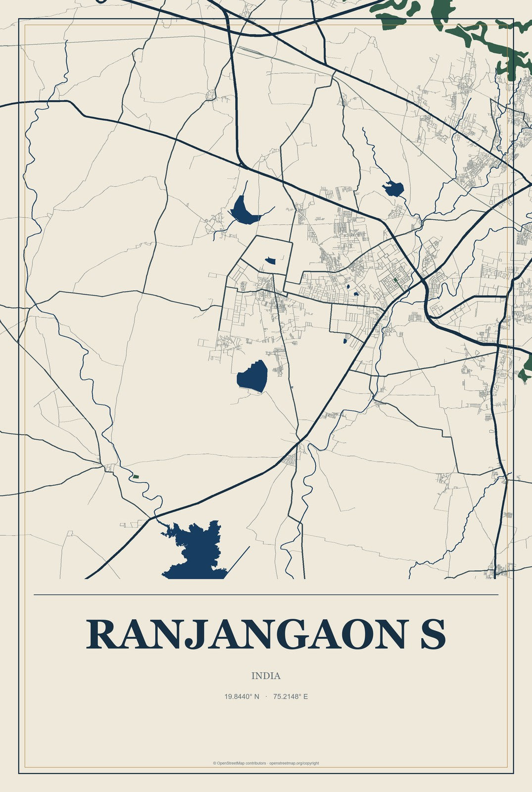 Ranjangaon S, India City Map Aluminum Sign in Coastal Cutout style