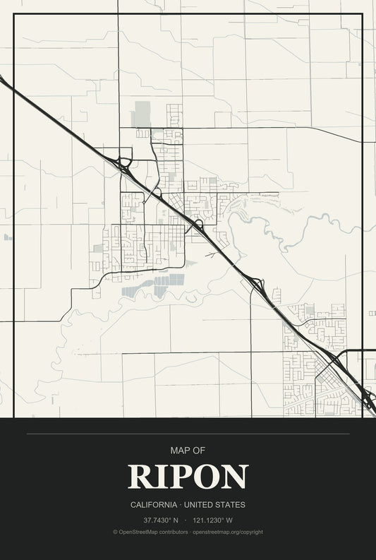 Ripon, California City Map Aluminum Sign in Museum Plaque style