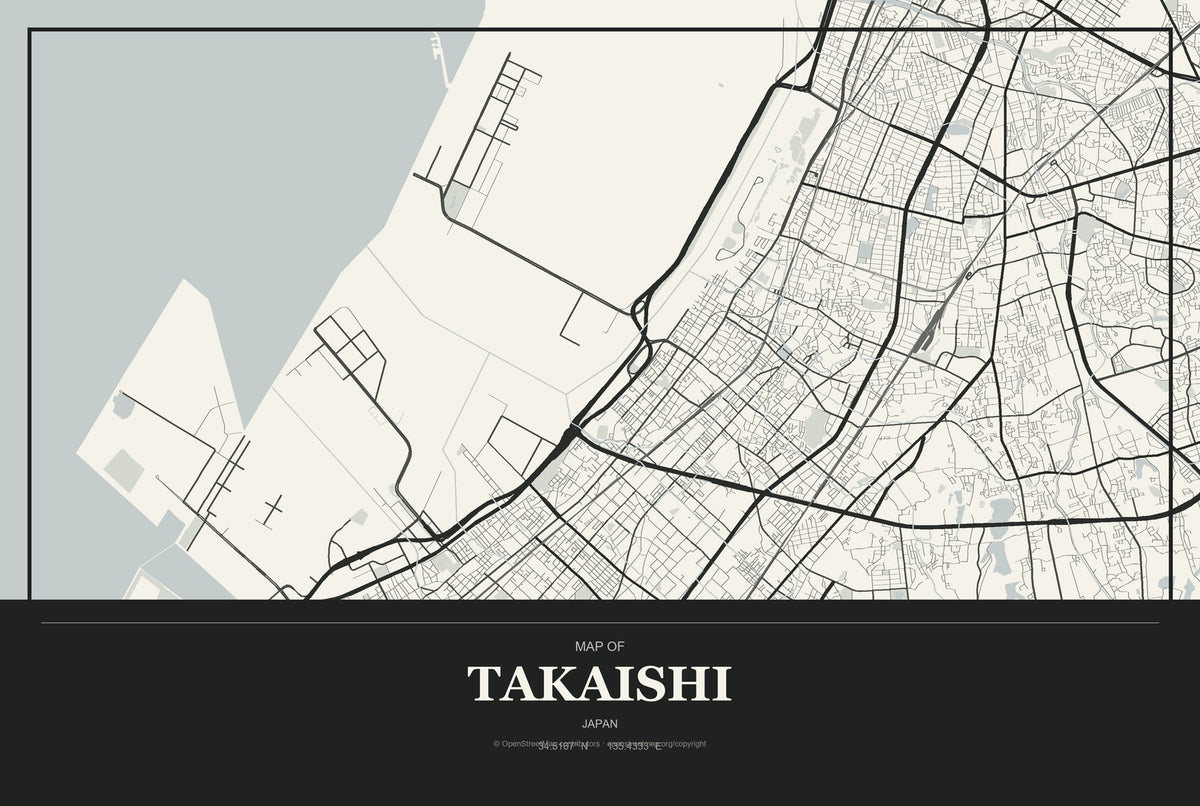 Takaishi, Japan City Map Aluminum Sign in Museum Plaque style
