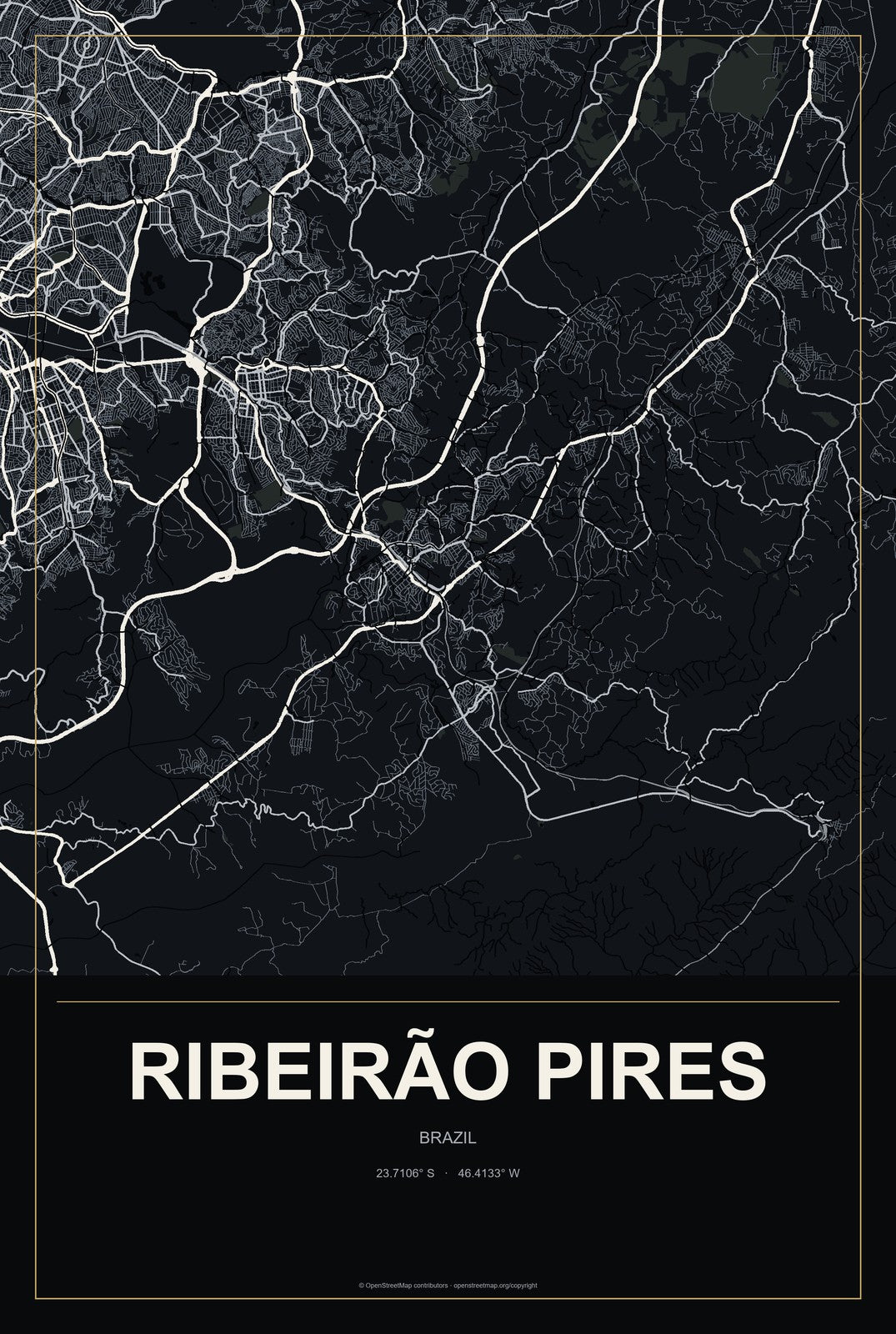 Ribeirão Pires, Brazil City Map Aluminum Sign in Metropolitan Noir style