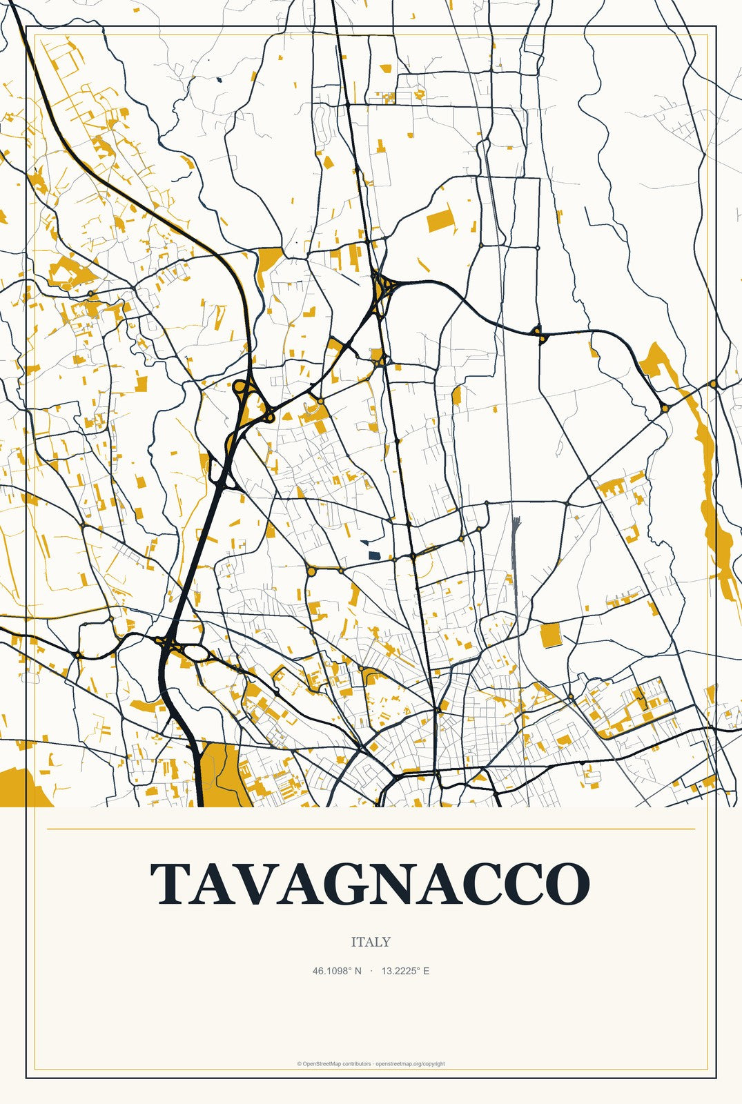 Tavagnacco, Italy City Map Aluminum Sign in Citrine Modern style