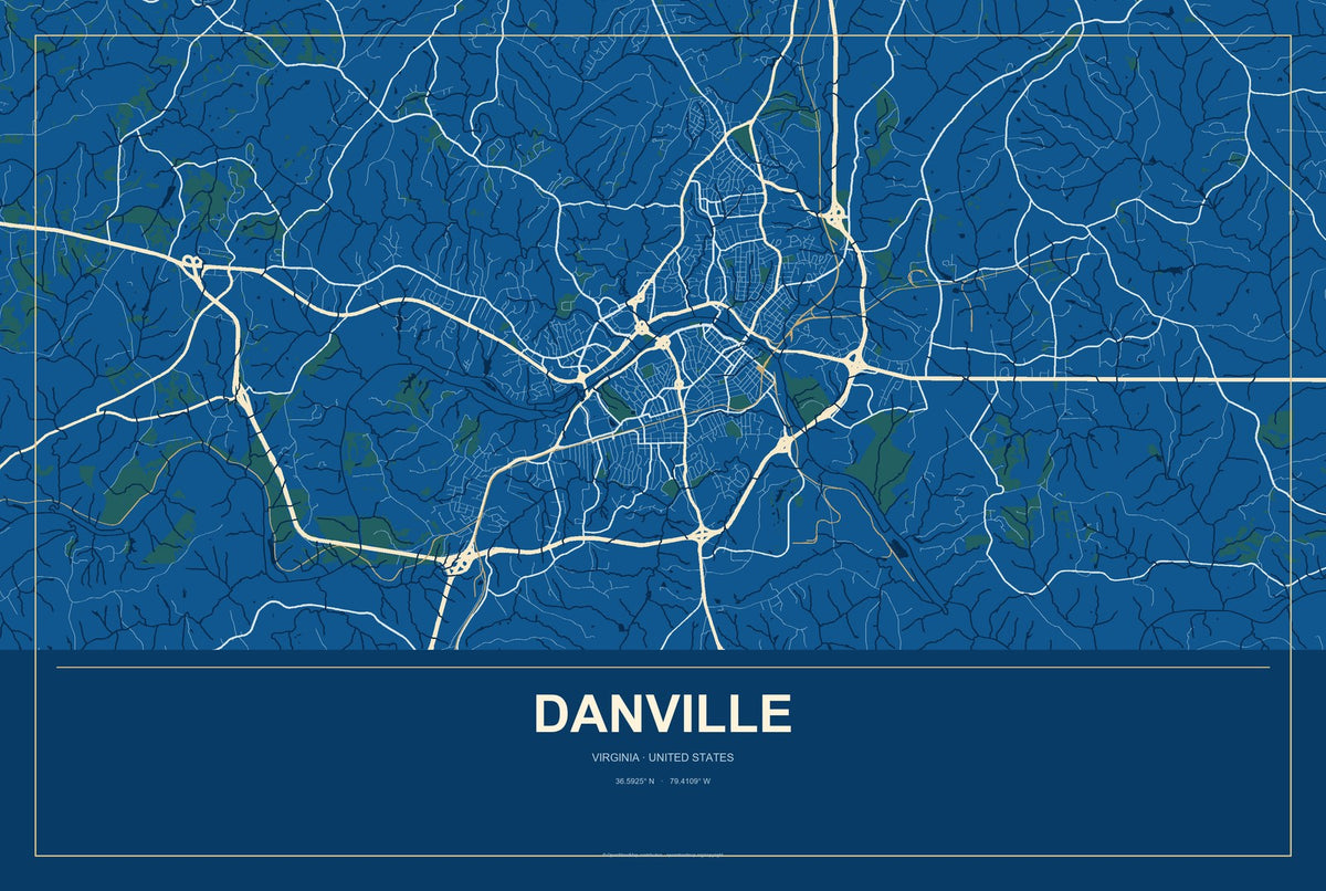 Danville, Virginia City Map Aluminum Sign in Harbor Cobalt style