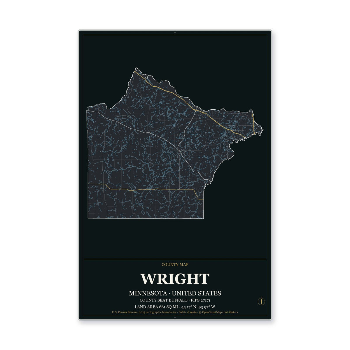 Wright County, Minnesota Map Aluminum Sign in Metropolitan Noir style