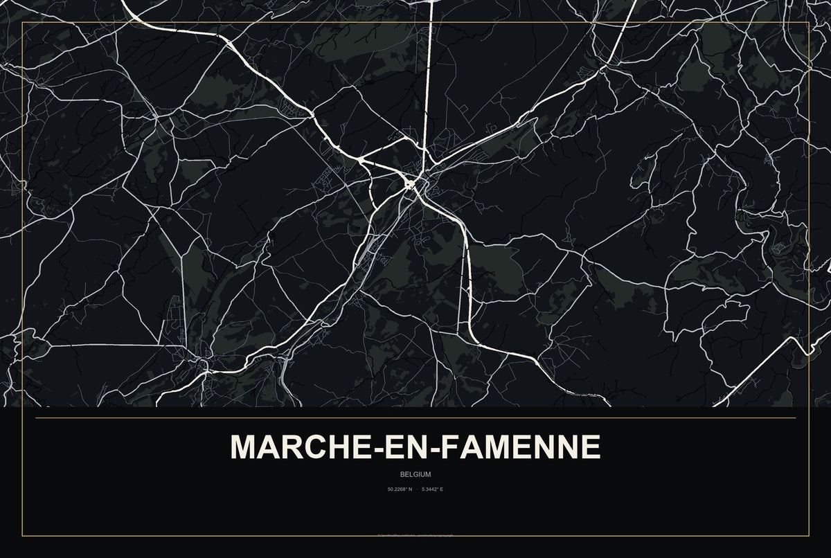 Marche-en-Famenne, Belgium City Map Aluminum Sign in Metropolitan Noir style