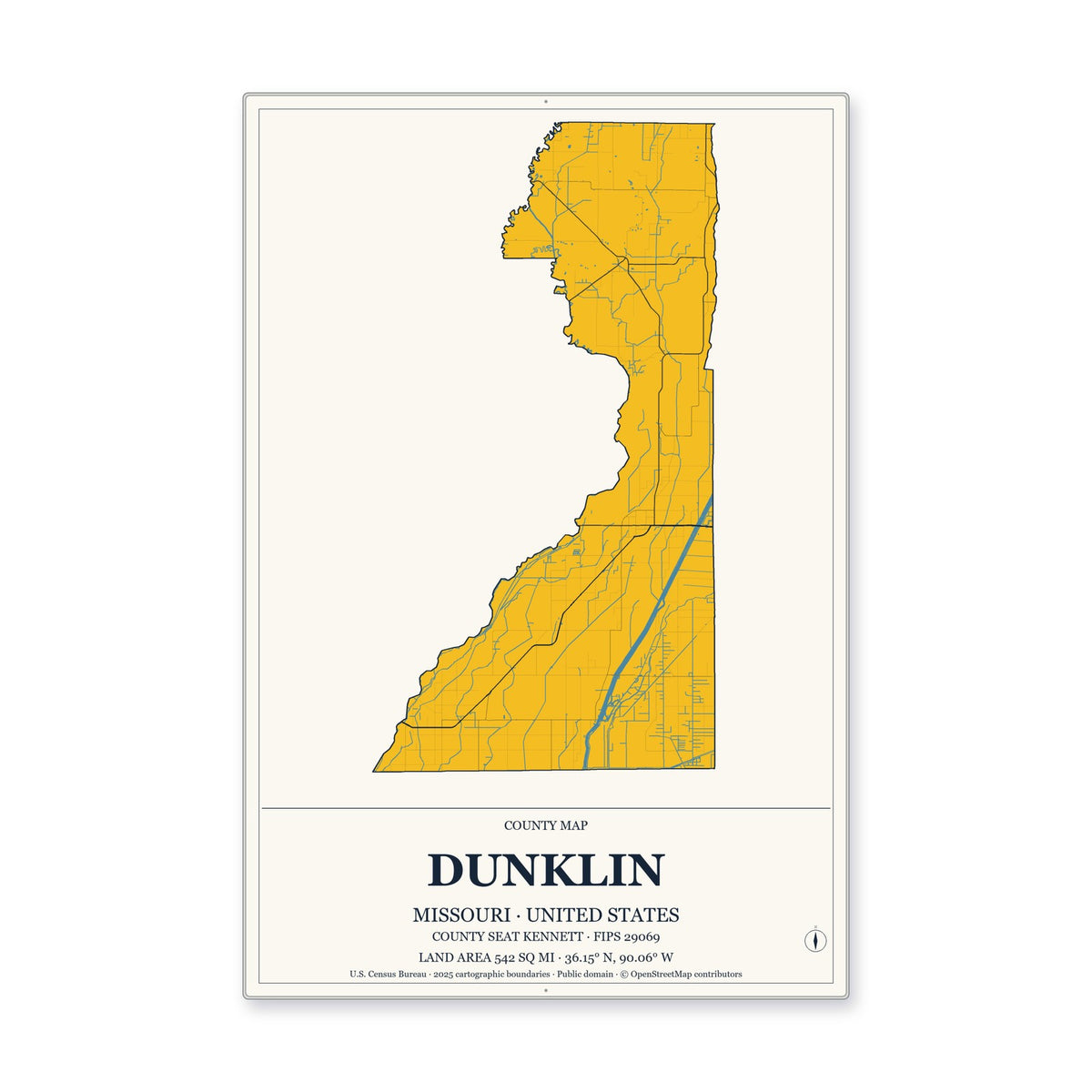 Dunklin County, Missouri Map Aluminum Sign in Citrine Modern style
