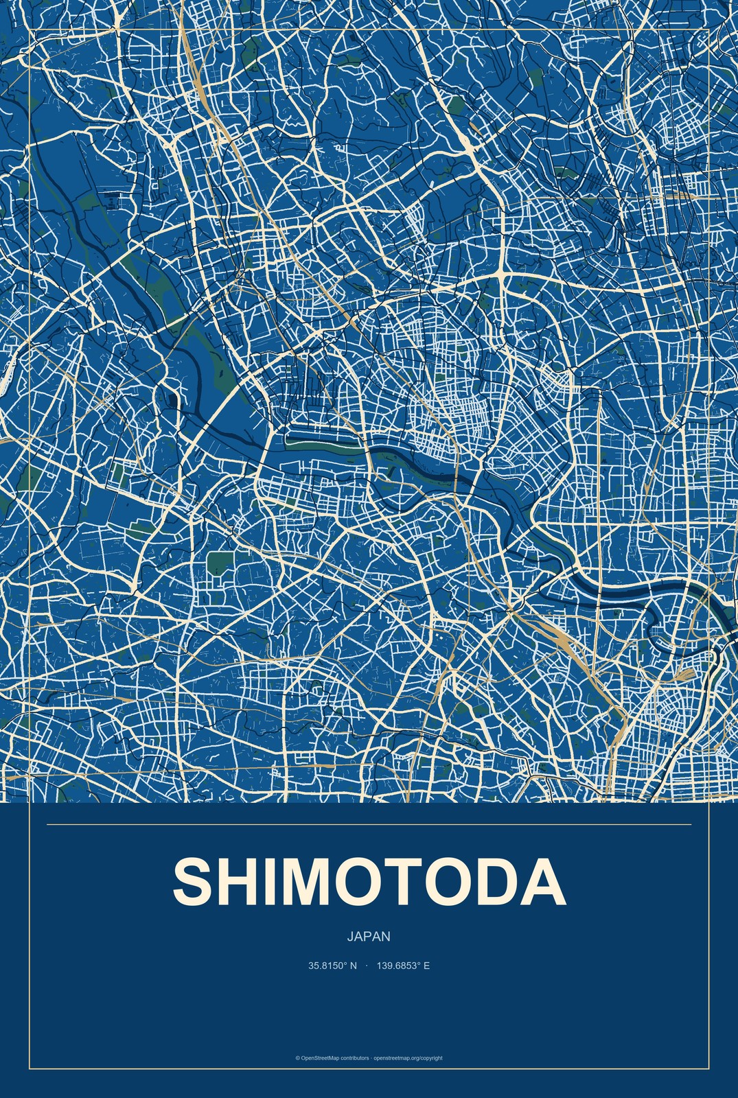Shimotoda, Japan City Map Aluminum Sign in Harbor Cobalt style