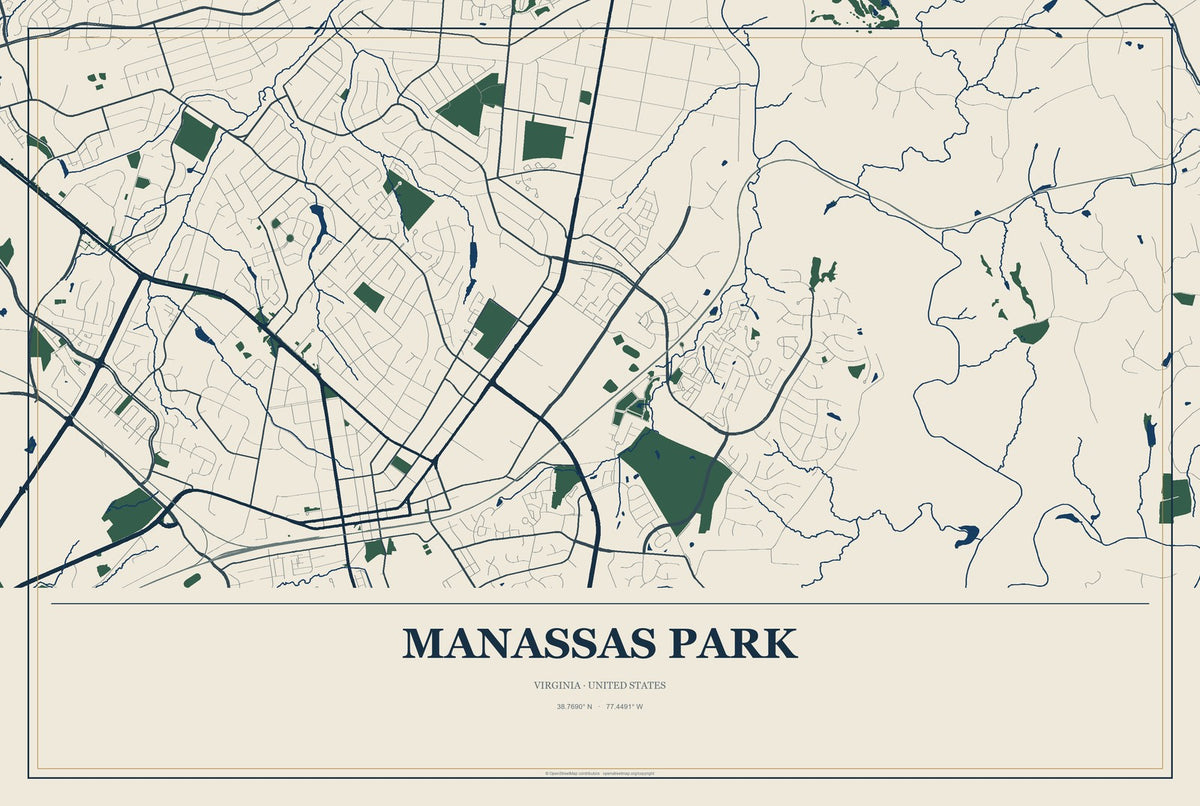 Manassas Park, Virginia City Map Aluminum Sign in Coastal Cutout style