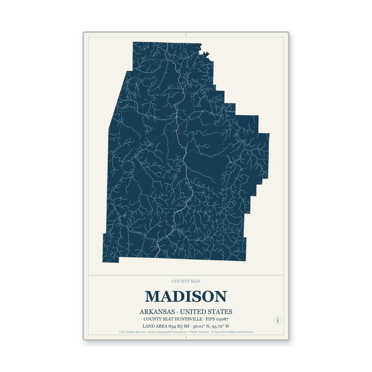 Madison County, Arkansas Map Aluminum Sign in Coastal Cutout style