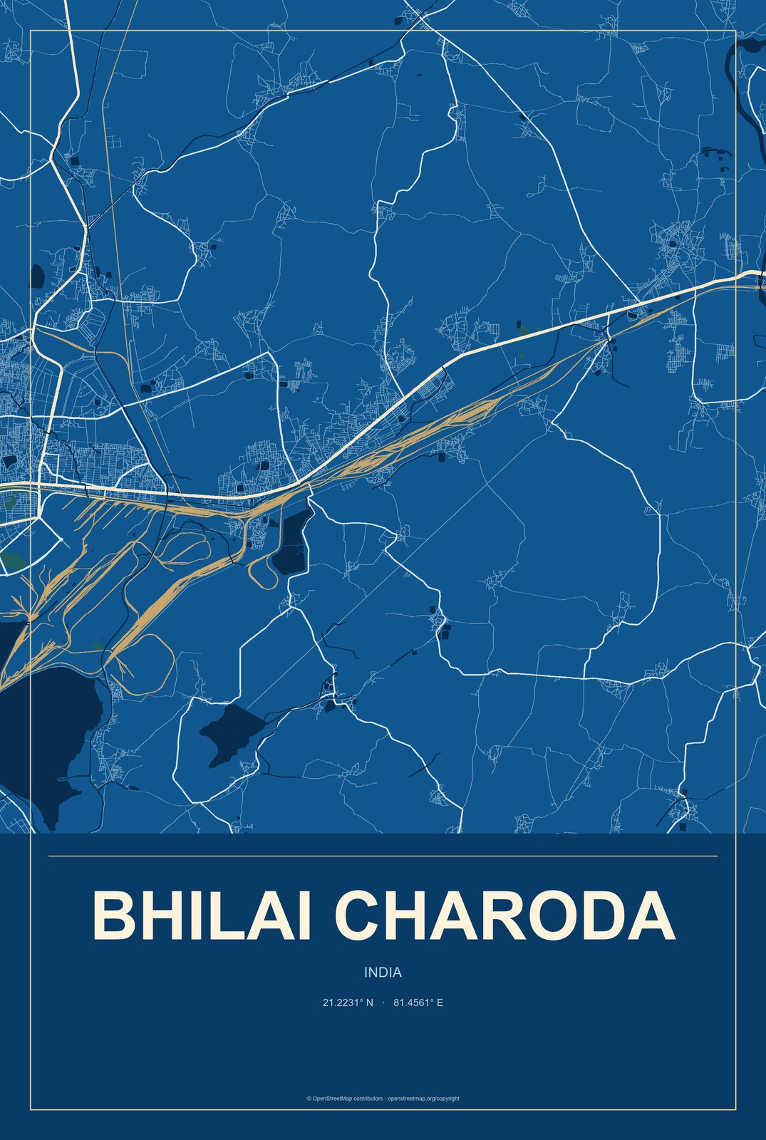 Bhilai Charoda, India City Map Aluminum Sign in Harbor Cobalt style