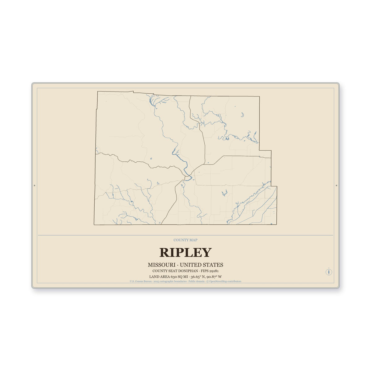 Ripley County, Missouri Map Aluminum Sign in Heritage Nautical style
