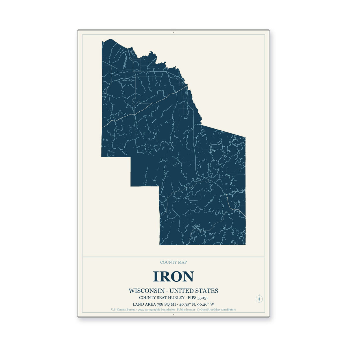 Iron County, Wisconsin Map Aluminum Sign in Coastal Cutout style