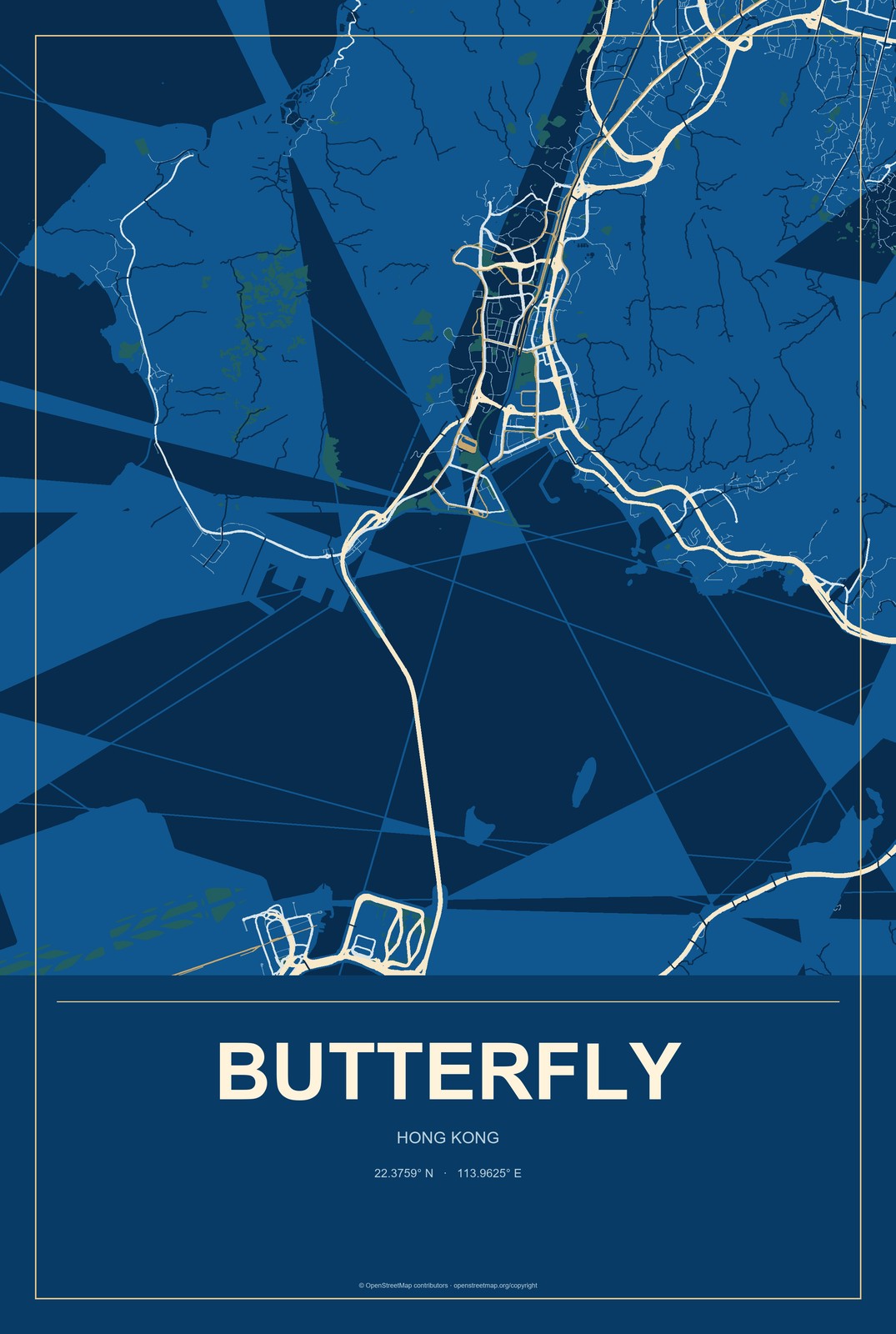 Butterfly, Hong Kong City Map Aluminum Sign in Harbor Cobalt style