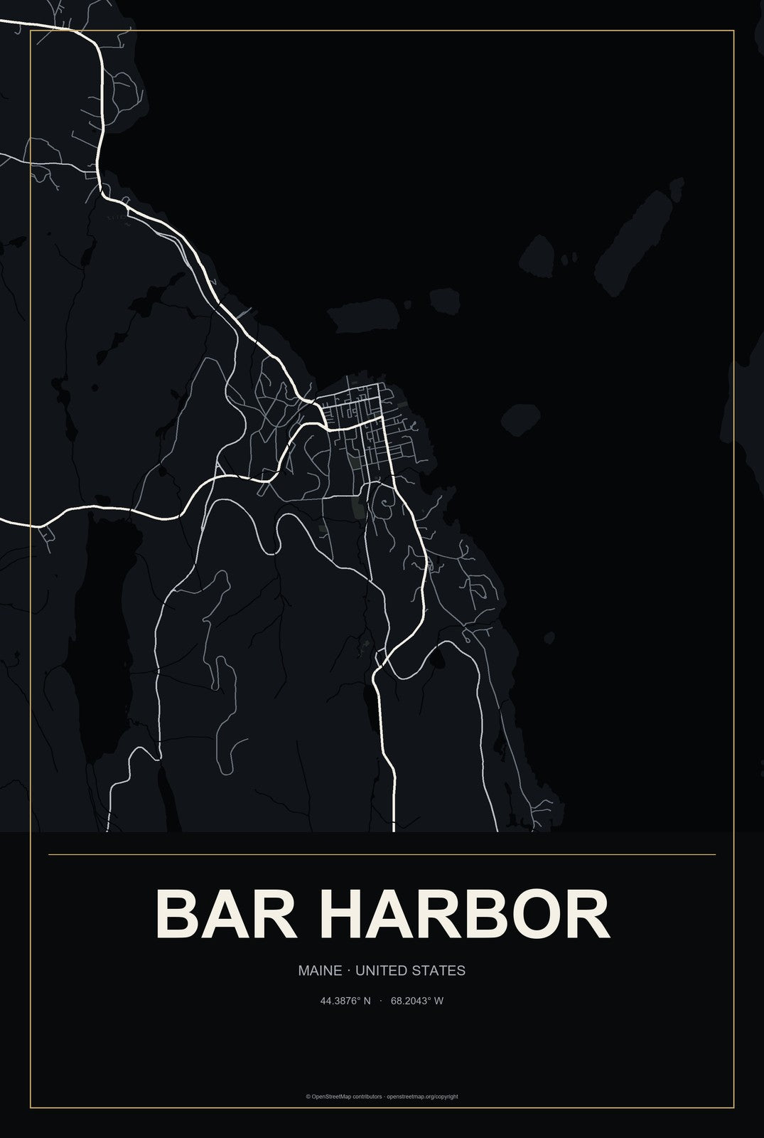 Bar Harbor, Maine City Map Aluminum Sign in Metropolitan Noir style