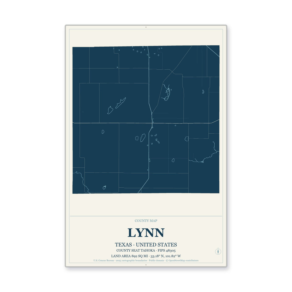 Lynn County, Texas Map Aluminum Sign in Coastal Cutout style
