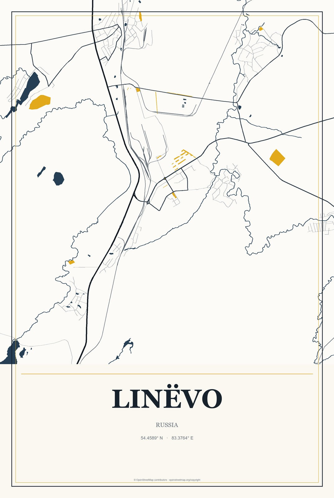 Linëvo, Russia City Map Aluminum Sign in Citrine Modern style