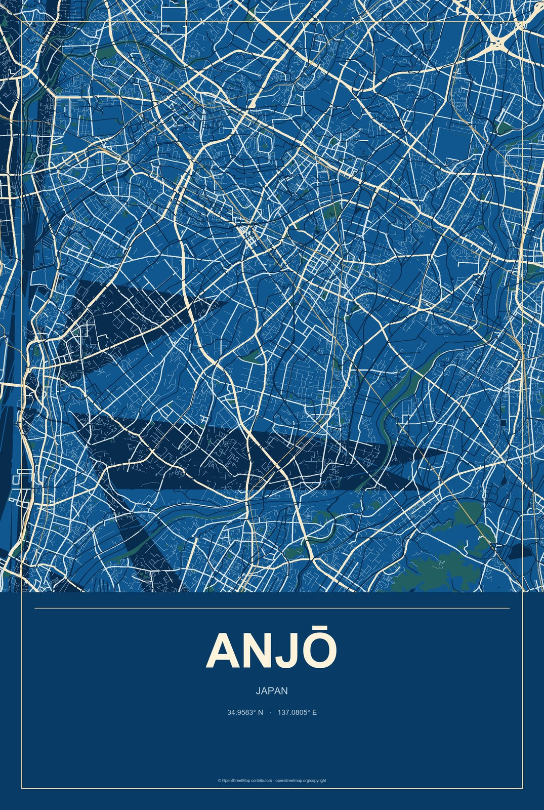 Anjō, Japan City Map Aluminum Sign in Harbor Cobalt style