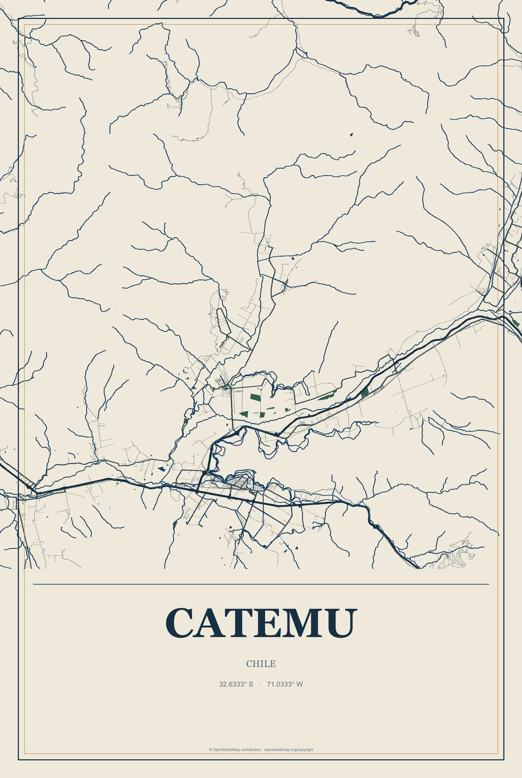 Catemu, Chile City Map Aluminum Sign in Coastal Cutout style