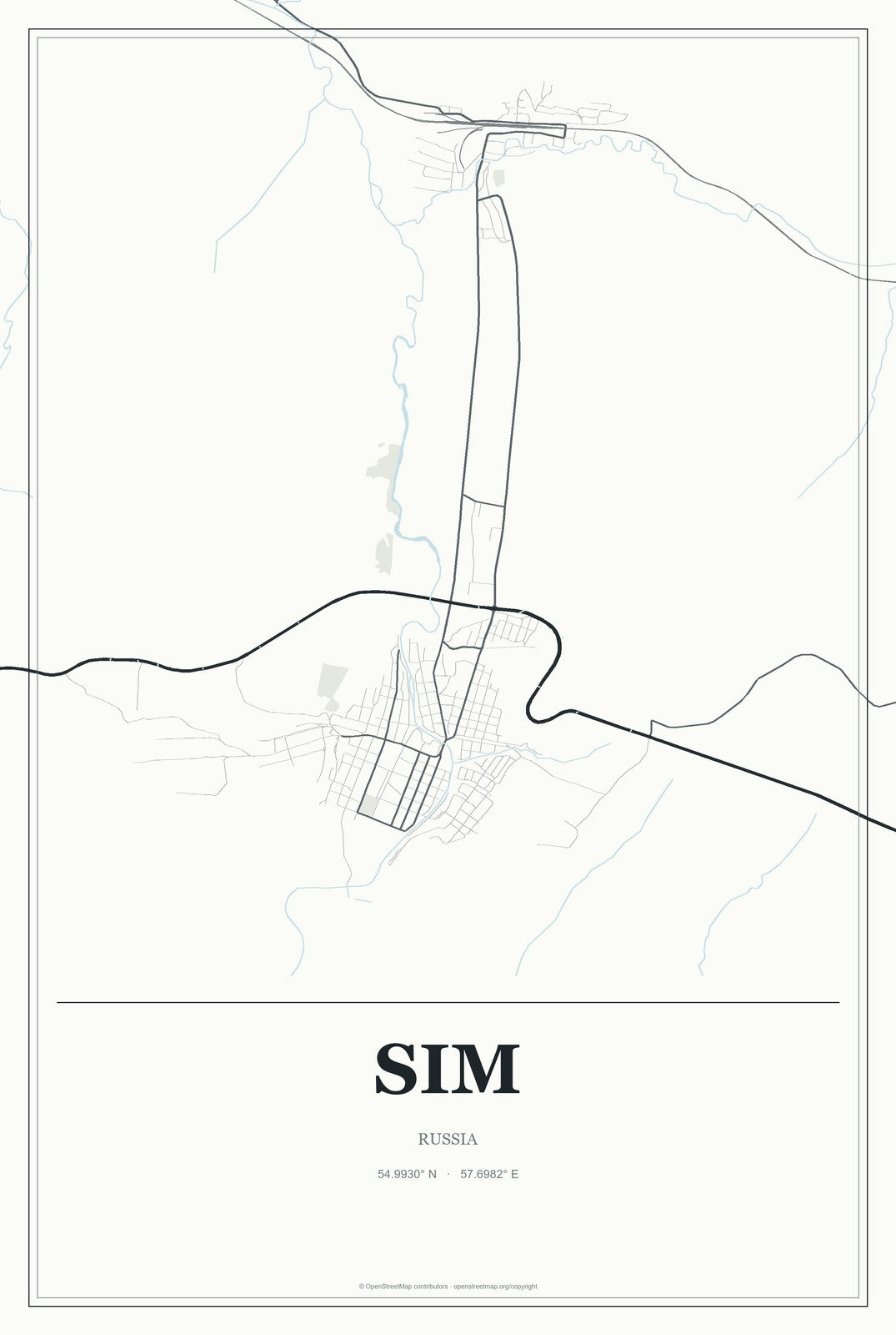 Sim, Russia City Map Aluminum Sign in Gallery Air style