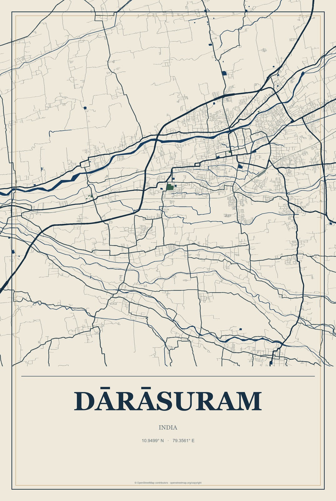 Dārāsuram, India City Map Aluminum Sign in Coastal Cutout style
