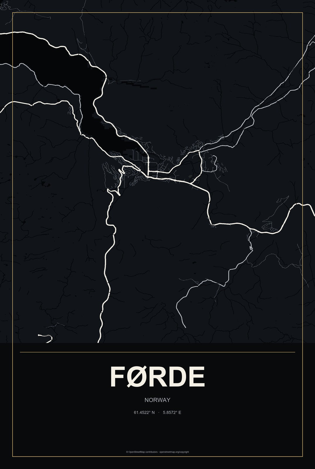 Førde, Norway City Map Aluminum Sign in Metropolitan Noir style