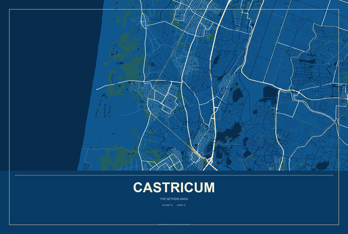 Castricum, The Netherlands City Map Aluminum Sign in Harbor Cobalt style