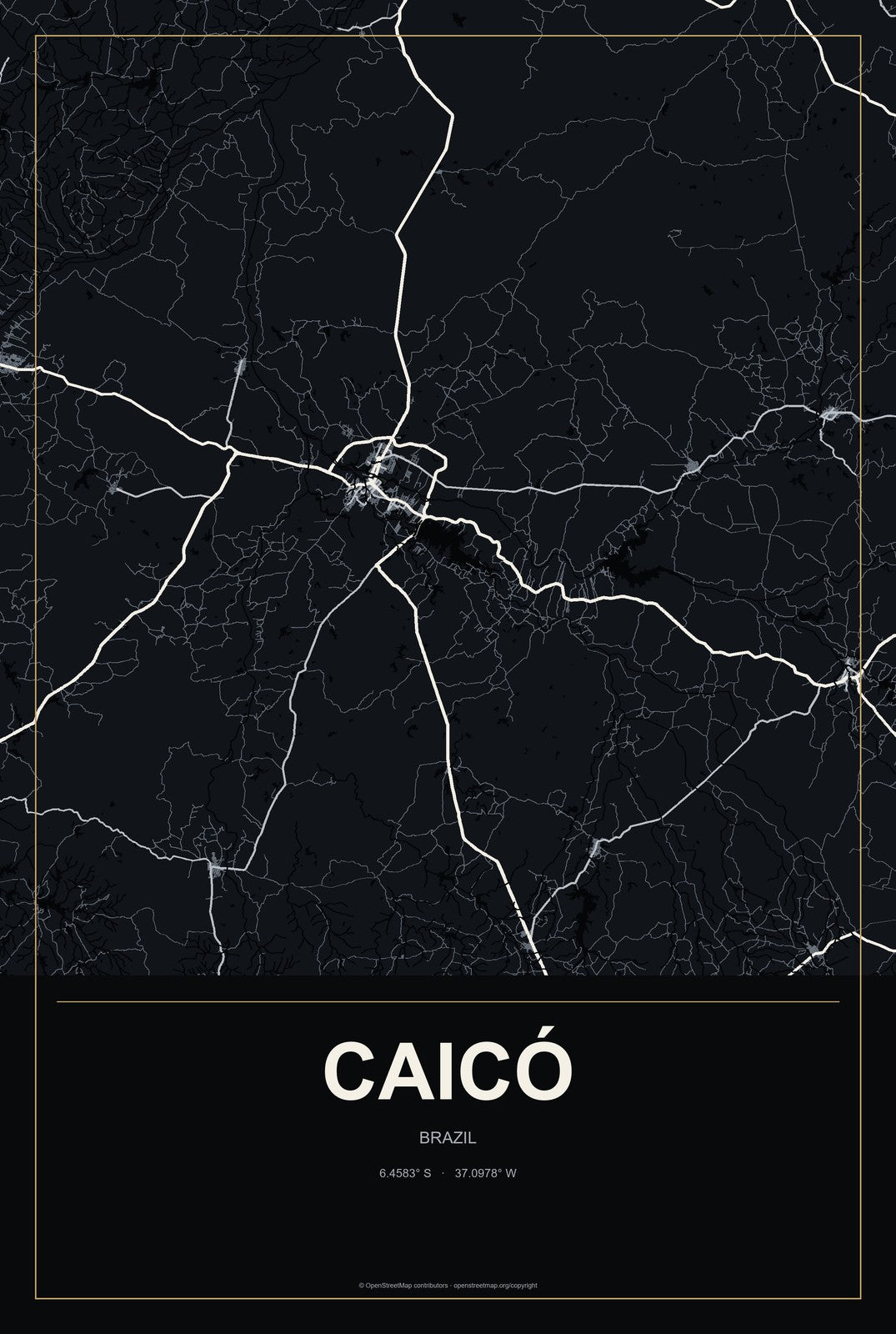 Caicó, Brazil City Map Aluminum Sign in Metropolitan Noir style