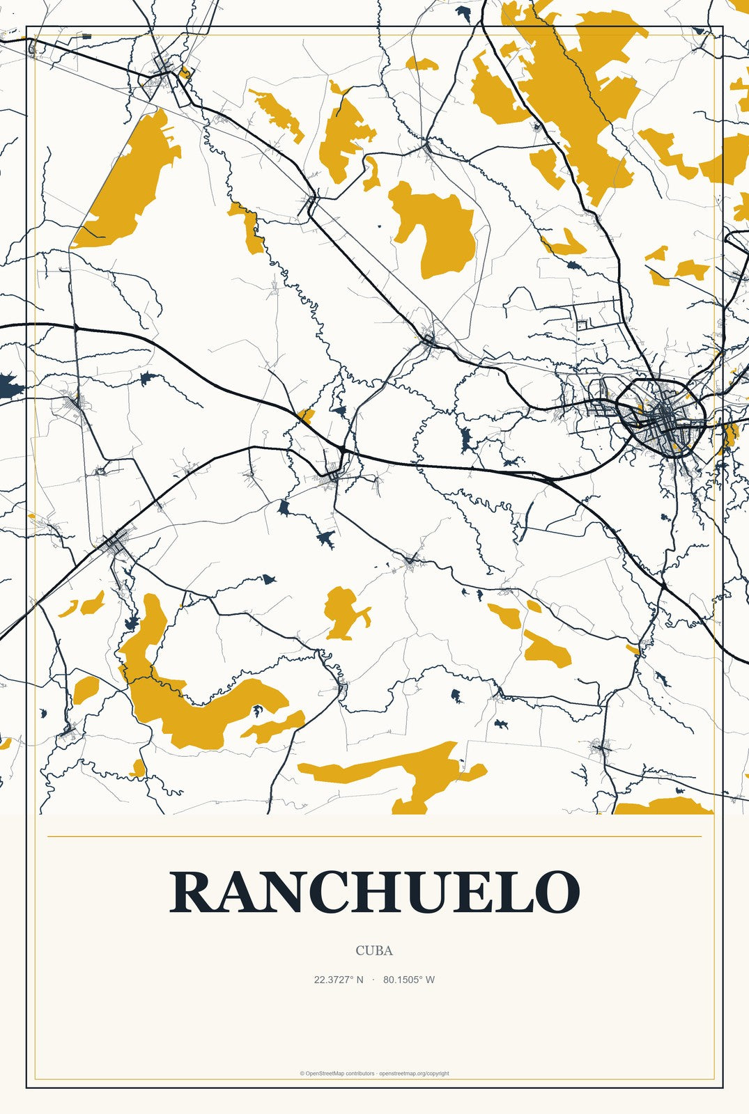 Ranchuelo, Cuba City Map Aluminum Sign in Citrine Modern style