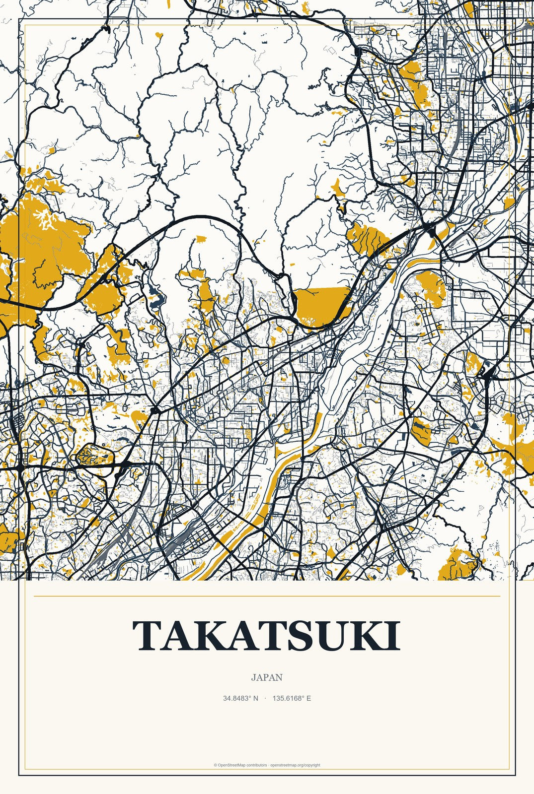 Takatsuki, Japan City Map Aluminum Sign in Citrine Modern style